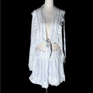Vicicollection Oceana Woven Smocked Mini skirt and tie front top set ivory/black